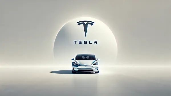 Tesla Model 3 blanche devant le logo Tesla, symbole d'innovation et de technologie propre.