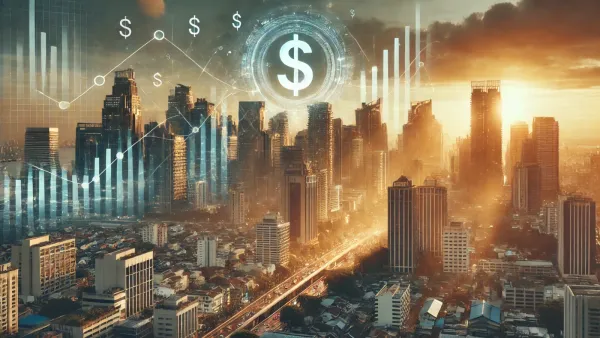 Vue aérienne d'une ville avec des gratte-ciel et des graphiques financiers superposés, symbolisant l'investissement immobilier.