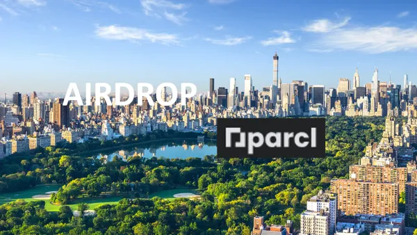 Image de New York avec les mots "AIRDROP" et le logo Parcl superposés. Central Park est visible au premier plan.