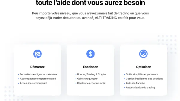 Les avantages d'Alti Trading : formations en ligne, accompagnement personnalisé, bourse, trading, crypto, gains quotidiens, outils simplifiés, gestion des positions.