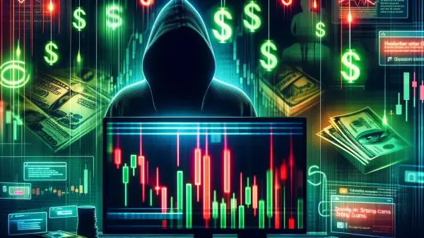 Image d'un hacker devant un écran boursier, symbolisant les arnaques au trading.