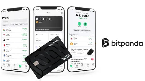 Capture d'écran de l'application Bitpanda sur un smartphone, montrant les prix des cryptomonnaies, le solde du compte et la carte Bitpanda.