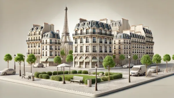 Vue miniature de Paris avec la Tour Eiffel, des bâtiments typiques, des arbres et des bancs, évoquant un investissement immobilier dans un cadre urbain.