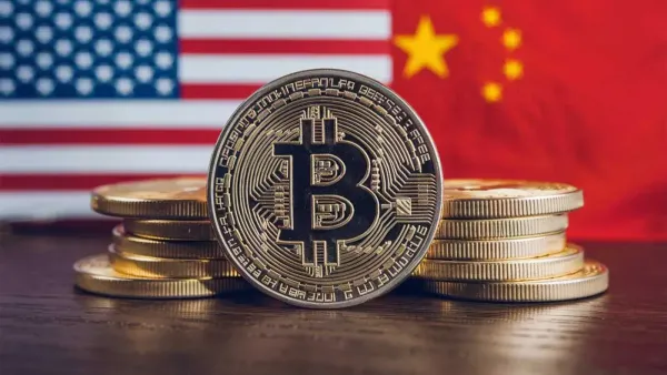 Bitcoin entre les drapeaux américain et chinois, symbolisant la compétition entre les deux pays pour la domination de la cryptomonnaie.