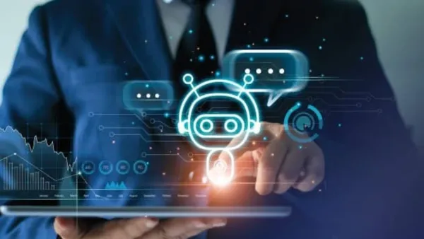 Un homme en costume utilise un bot de trading sur une tablette, symbolisant l'automatisation et l'IA dans le trading financier.