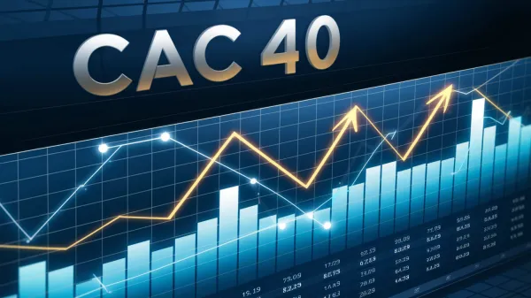 Graphique boursier illustrant la performance du CAC 40, avec une tendance haussière marquée par une flèche dorée.