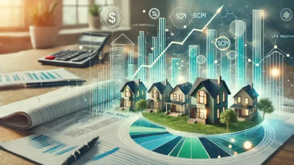 Illustration de l'investissement en SCPI via une assurance vie, avec des maisons, des graphiques de croissance et des symboles financiers.
