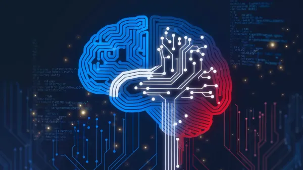 Illustration d'un cerveau divisé en deux, une moitié bleue avec des circuits et l'autre rouge avec des connexions neuronales, symbolisant l'IA.