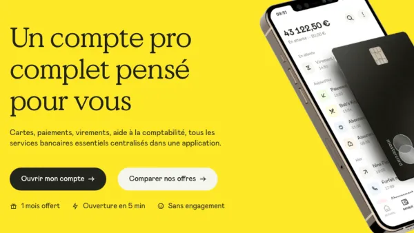 Capture d'écran de l'application Shine sur un smartphone, affichant un solde de 43 122,50 € et une carte bancaire Mastercard. Le texte promotionnel met en avant un compte pro complet et une o