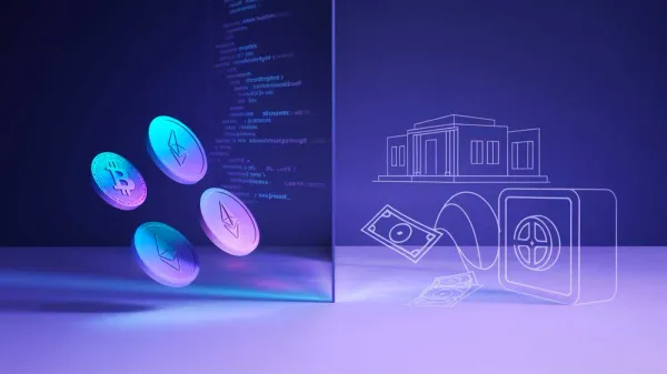 Illustration du contraste entre la finance traditionnelle et la finance décentralisée (cryptomonnaies).