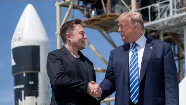 Elon Musk et Donald Trump se serrent la main devant une fusée SpaceX.