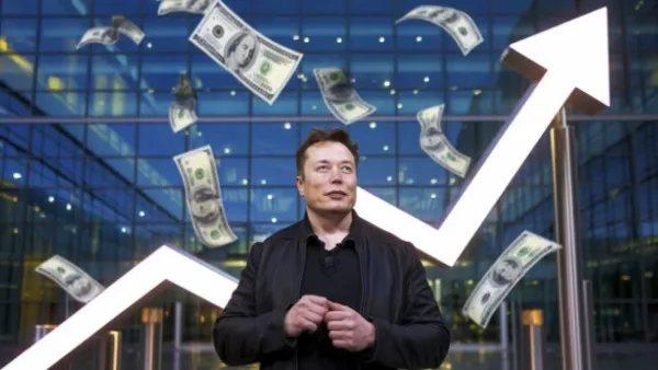 Elon Musk devant un graphique en flèche ascendante et une pluie de billets de banque, symbolisant sa richesse croissante.