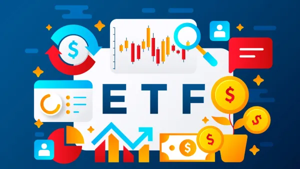 Illustration colorée représentant le concept d'ETF avec des graphiques boursiers, des pièces de monnaie et des flèches symbolisant les investissements et la croissance financière.