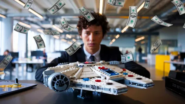 Un homme en costume regarde un Faucon Millenium Lego sous une pluie de billets de banque.