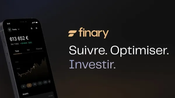 Capture d'écran de l'application Finary sur un iPhone, affichant un solde de 613 652 € et les mots "Suivre. Optimiser. Investir."