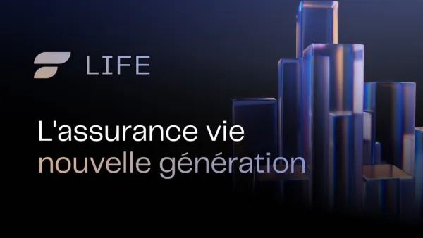 Logo de Finary Life et slogan "L'assurance vie nouvelle génération" sur fond sombre avec des formes géométriques abstraites.
