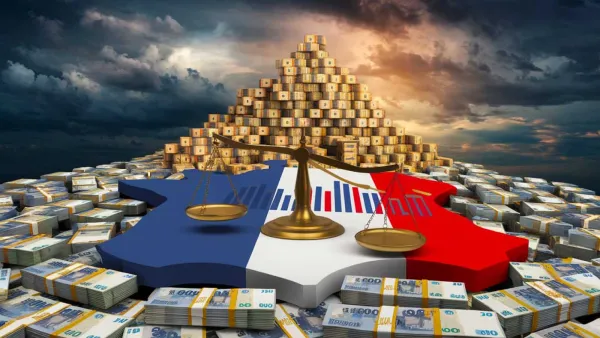 Image symbolisant la dette française avec une balance au-dessus du drapeau français, entourée de liasses de billets et d'une montagne de coffres.