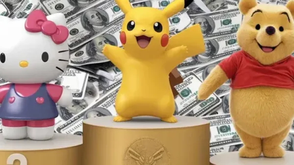 Hello Kitty, Pikachu et Winnie l'ourson sur un podium devant un fond de billets de banque.