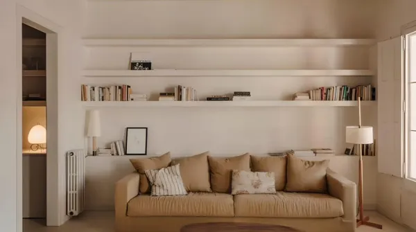 Salon lumineux et épuré avec canapé beige, étagères intégrées et décoration minimaliste, évoquant un intérieur Harmony Homes.