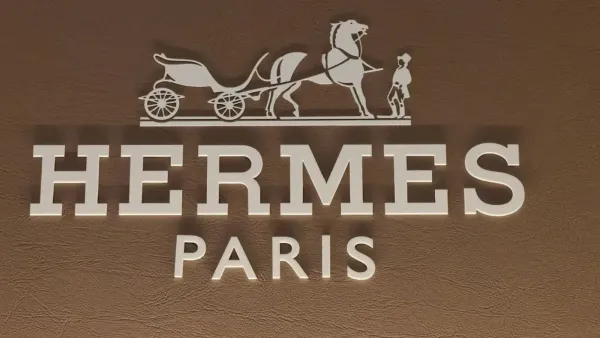 Logo Hermès sur fond texturé marron, affichant un cheval et une calèche au-dessus du nom de la marque en lettres capitales blanches, suivi de 'PARIS'.