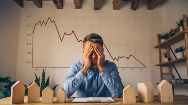 Un homme d'affaires, visiblement stressé, se tient la tête devant un graphique boursier en chute libre et des maquettes de maisons en bois.