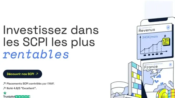 Publicité pour investir dans les SCPI les plus rentables, avec un rendement de 340€/mois et une augmentation de 35%.