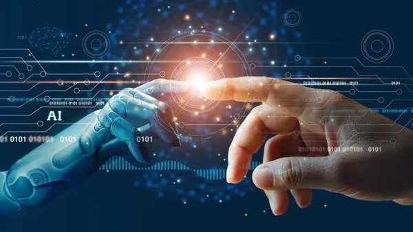 Image symbolisant l'intelligence artificielle et son impact sur le marketing digital, avec une main humaine touchant une main robotique.