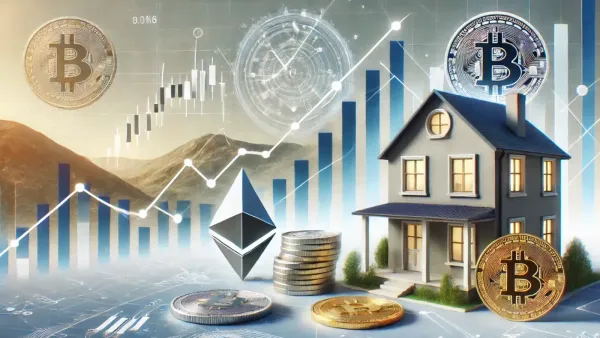 Image conceptuelle illustrant l'investissement en 2025, combinant cryptomonnaies, immobilier et graphiques de croissance.