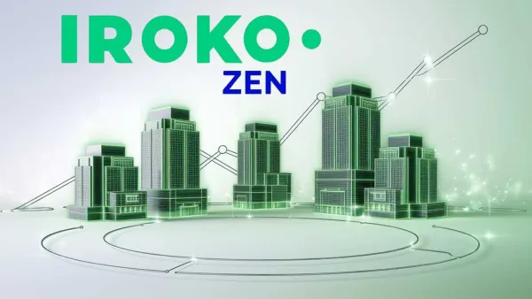 Image de gratte-ciel stylisés avec le logo Iroko Zen, symbolisant la croissance et l'investissement immobilier.