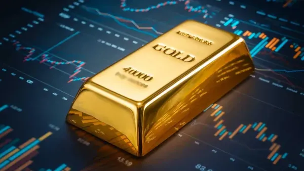 Lingot d'or brillant sur un fond de graphiques boursiers, symbolisant l'investissement et la finance.