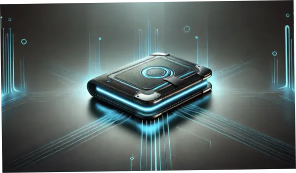 Un livre futuriste avec des lumières bleues, symbolisant le calcul du prix de revient unitaire (PRU).