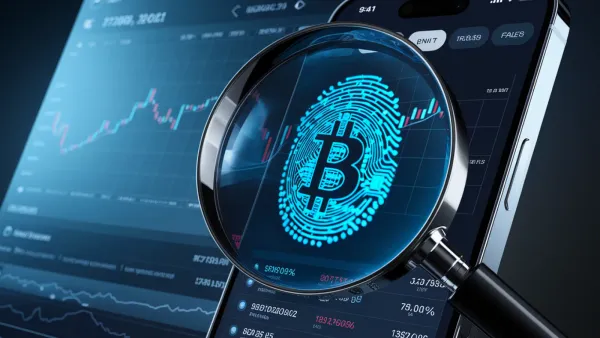 Image d'un téléphone affichant un graphique boursier et un logo Bitcoin dans une loupe, symbolisant l'examen minutieux des cryptomonnaies.