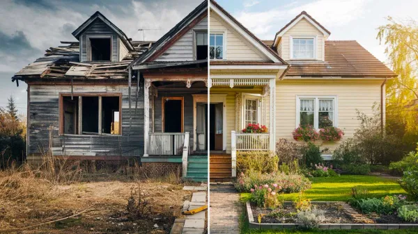 Maison délabrée avant rénovation énergétique, puis maison rénovée et accueillante. Illustration de l'impact du DPE sur les logements.