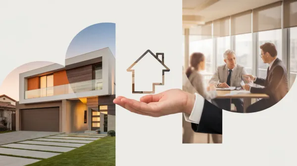 Illustration du crédit immobilier en 2025 : une maison moderne, une main tenant une icône de maison et une réunion de conseillers.