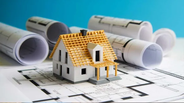 Maquette de maison sur des plans, symbolisant l'investissement immobilier et la rénovation, en lien avec le dispositif Denormandie.