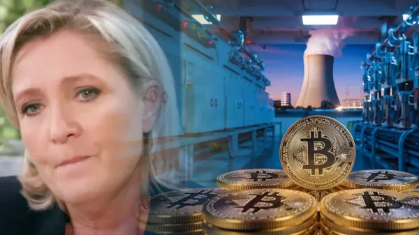 Image composite de Marine Le Pen, d'une centrale nucléaire et de pièces de Bitcoin, illustrant le potentiel du nucléaire français pour le minage de Bitcoin.