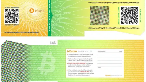 Image d'un paper wallet Bitcoin montrant l'adresse publique, la clé privée et des instructions pour son utilisation.