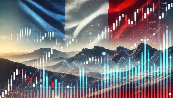 Graphique boursier superposé au drapeau français et à un paysage montagneux, symbolisant l'investissement en France.