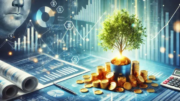 Image conceptuelle de la croissance financière avec un arbre poussant à partir d'une pile de pièces d'or, symbolisant l'investissement et la défiscalisation.