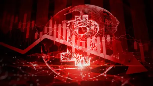 Image rouge sombre avec le symbole Bitcoin, un globe terrestre et un graphique boursier en baisse, suggérant une crise financière.