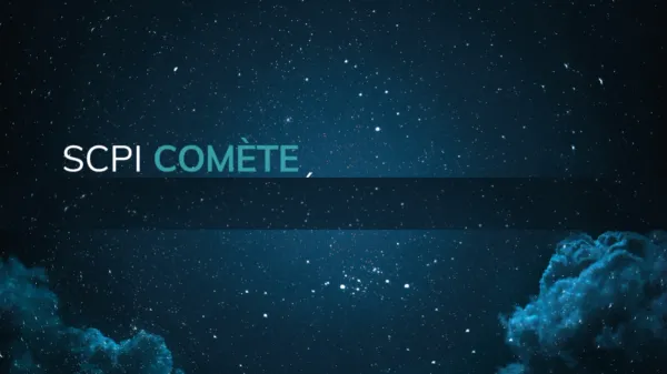 Image de fond étoilée avec le texte SCPI Comète, utilisée pour illustrer un article sur l'analyse de la SCPI en 2025.