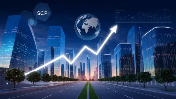 Image d'une ville futuriste avec une flèche ascendante et un globe, symbolisant la croissance et la mondialisation des SCPI.