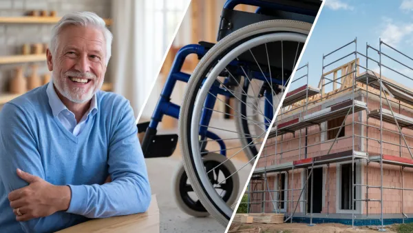 Image composite montrant un homme souriant, un fauteuil roulant et une maison en construction, symbolisant les différents profils éligibles à l'exonération de la taxe foncière.