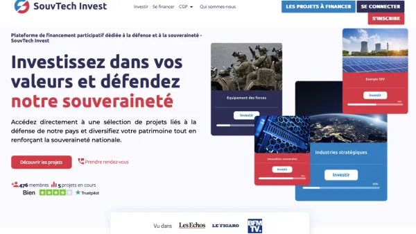 Page d'accueil de SouvTech Invest, plateforme de financement participatif pour la souveraineté nationale.