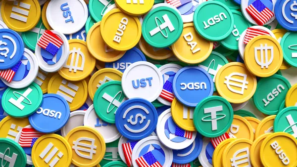 Représentation visuelle de divers stablecoins, incluant USDT, USDC, DAI, BUSD, UST, et d'autres, avec des drapeaux américains, illustrant leur lien avec le dollar.