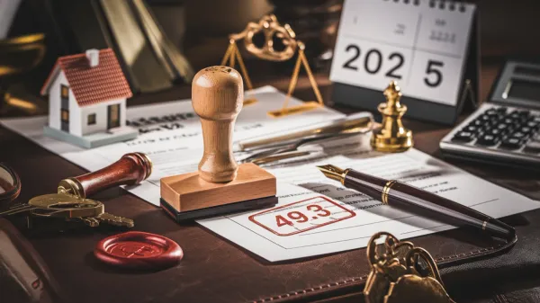 Image symbolisant les finances et la propriété, avec un tampon "49.3", une maison miniature, une balance et un calendrier indiquant 2025.