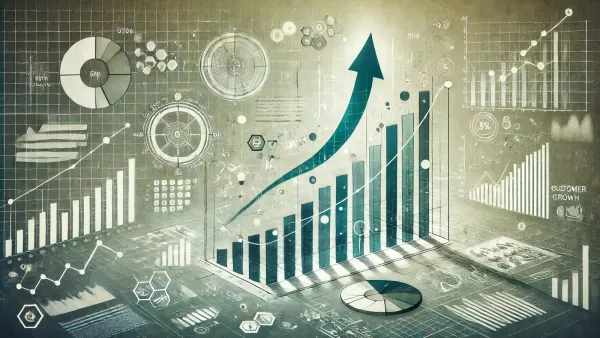 Graphiques et diagrammes illustrant la croissance et la rentabilité, avec une flèche pointant vers le haut.