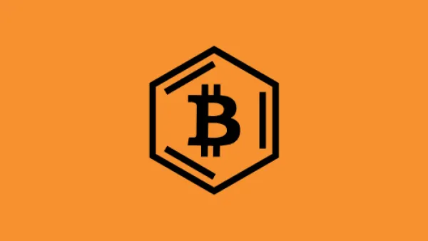 Logo Bitcoin stylisé avec un hexagone, symbolisant la technologie blockchain et la décentralisation.