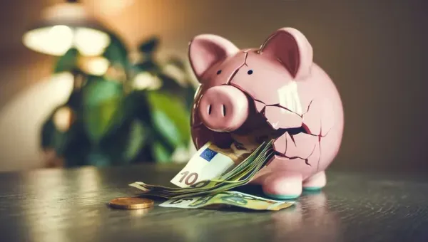 Une tirelire en forme de cochon cassée, remplie de billets de banque, symbolisant la perte d'économies.