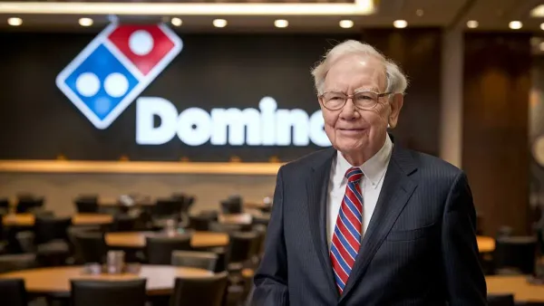 Warren Buffett souriant devant un logo Domino's Pizza, suggérant un investissement potentiel dans l'entreprise.